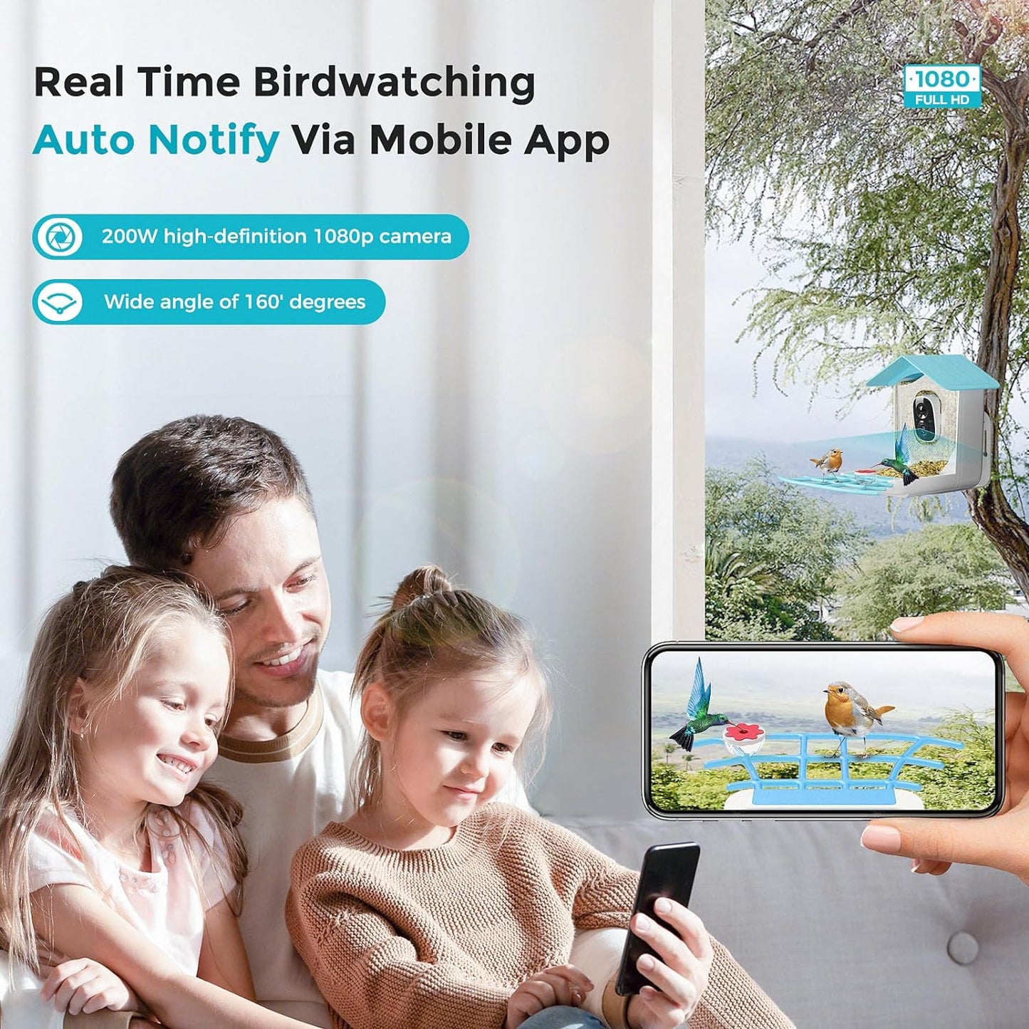 Smart Bird Feeder with Camera Solar powered, AI Recognition & Auto Capture Bird Videos, Waterproof Bird Feeder with Camera Wireless Outdoor, Ideal Gift for Bird Lover (A Hummingbird Feeder Included)