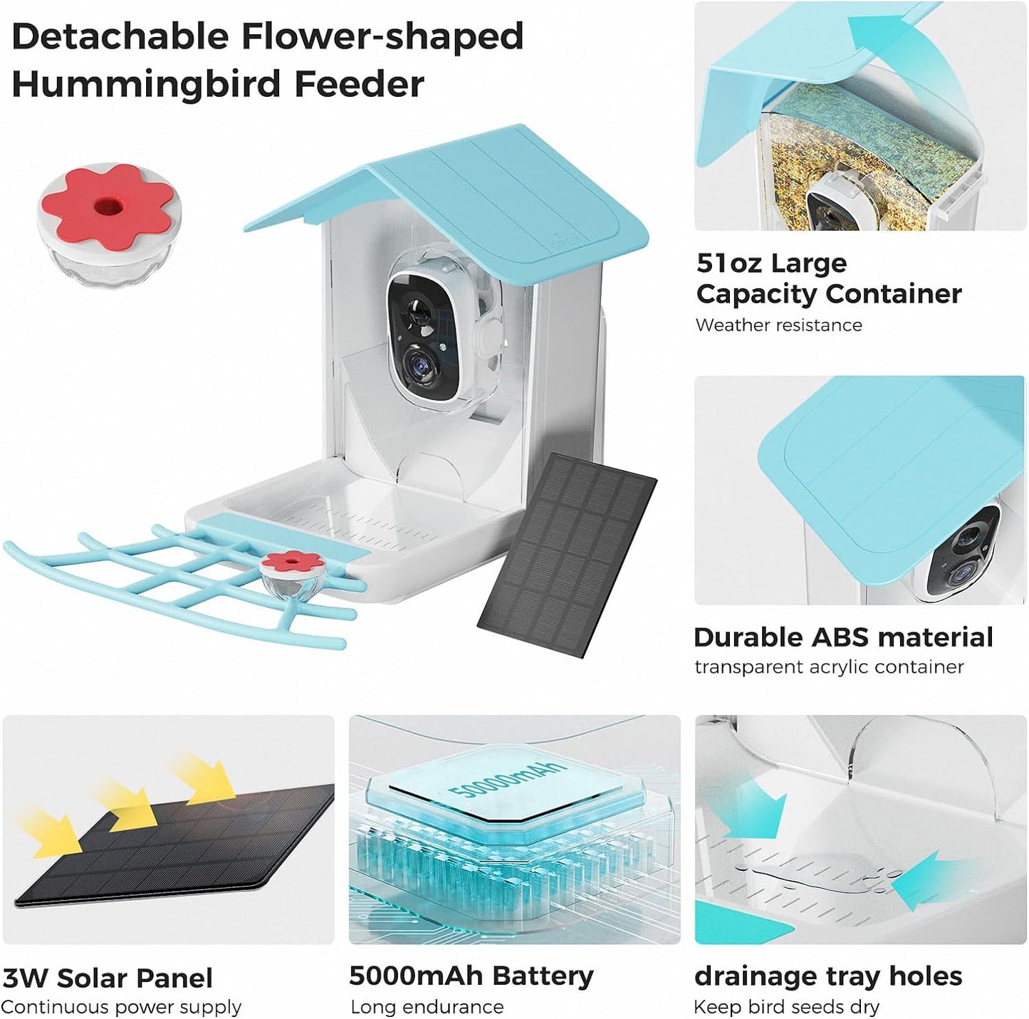 Smart Bird Feeder with Camera Solar powered, AI Recognition & Auto Capture Bird Videos, Waterproof Bird Feeder with Camera Wireless Outdoor, Ideal Gift for Bird Lover (A Hummingbird Feeder Included)