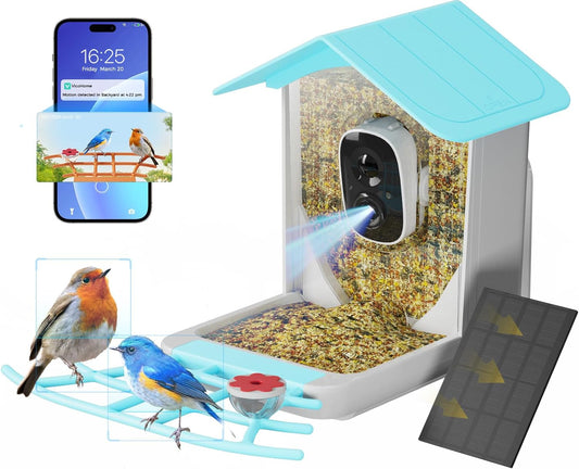 Smart Bird Feeder with Camera Solar powered, AI Recognition & Auto Capture Bird Videos, Waterproof Bird Feeder with Camera Wireless Outdoor, Ideal Gift for Bird Lover (A Hummingbird Feeder Included)